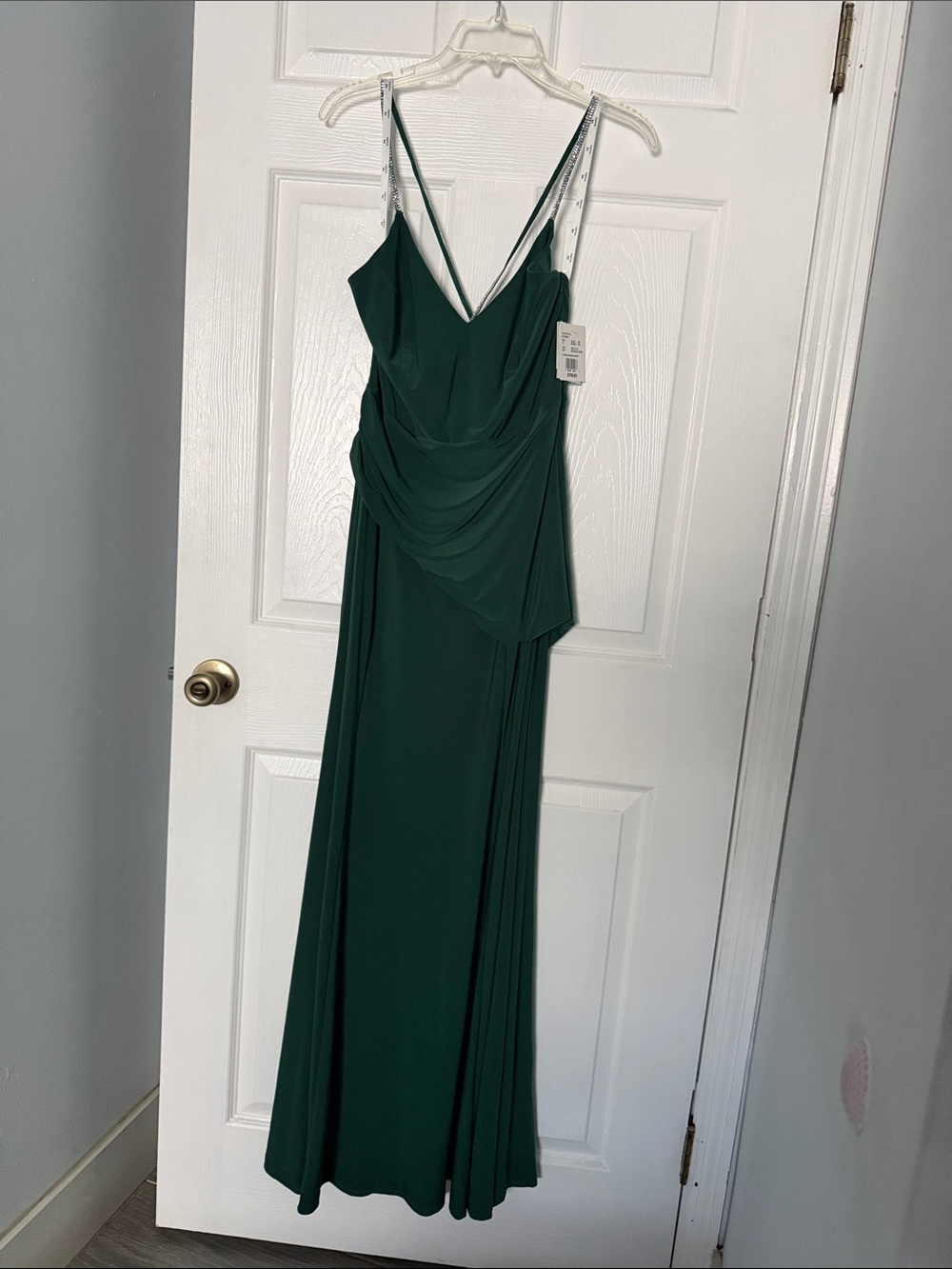 Satin-Effect Deep Green Draped V-Neck Maxi Dress